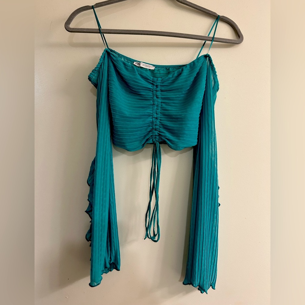 ZARA Teal Long Sleeve Flowy Crop Top